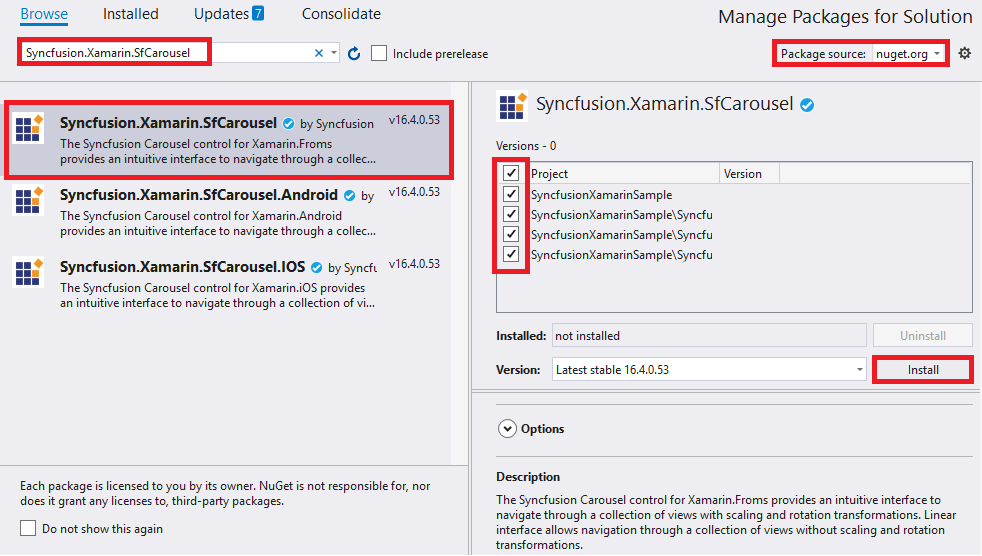 Adding SfCarousel reference from NuGet