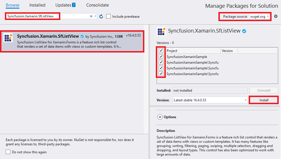 Adding SfListView reference from NuGet