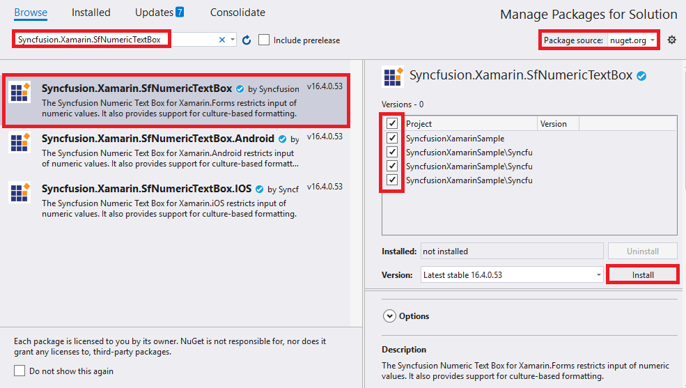 Adding SfNumericTextBox reference from NuGet