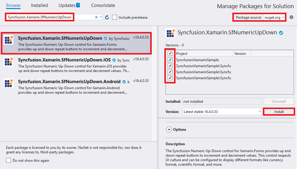 Adding SfNumericUpDown reference from NuGet