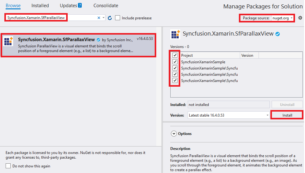 Adding SfParallaxView reference from NuGet