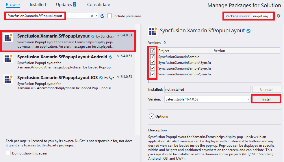 Adding SfPopupLayout reference from NuGet