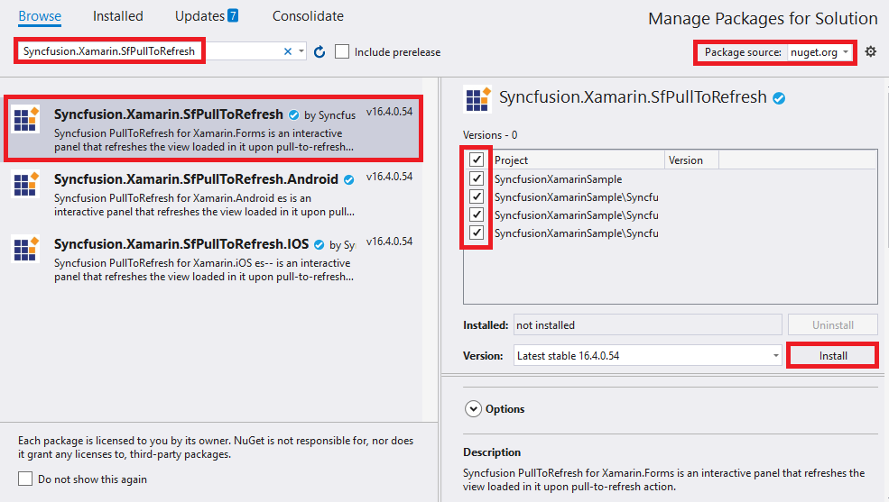 Adding SfPullToRefresh reference from NuGet