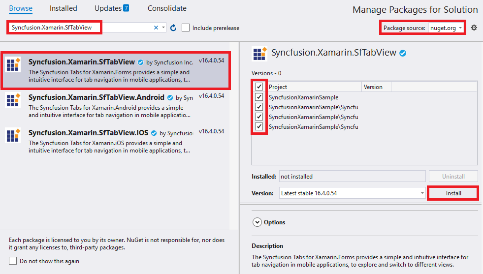 Adding SfTabView reference from NuGet