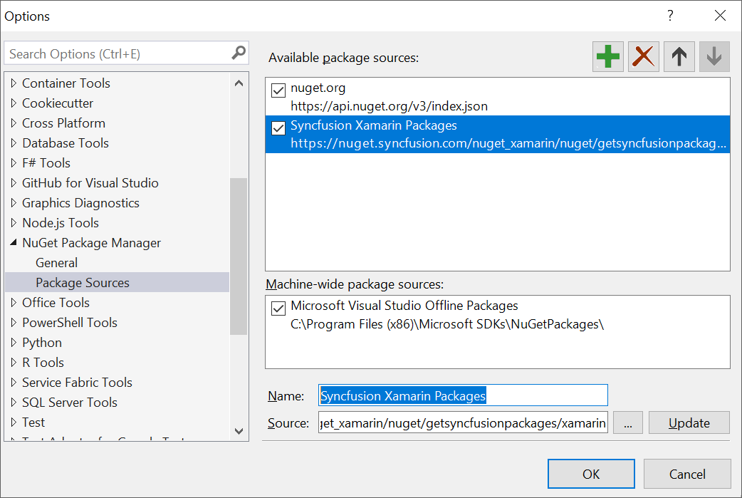 NuGet Package Manager dialog with Syncfusion Xamarin NuGet feed URL for reference