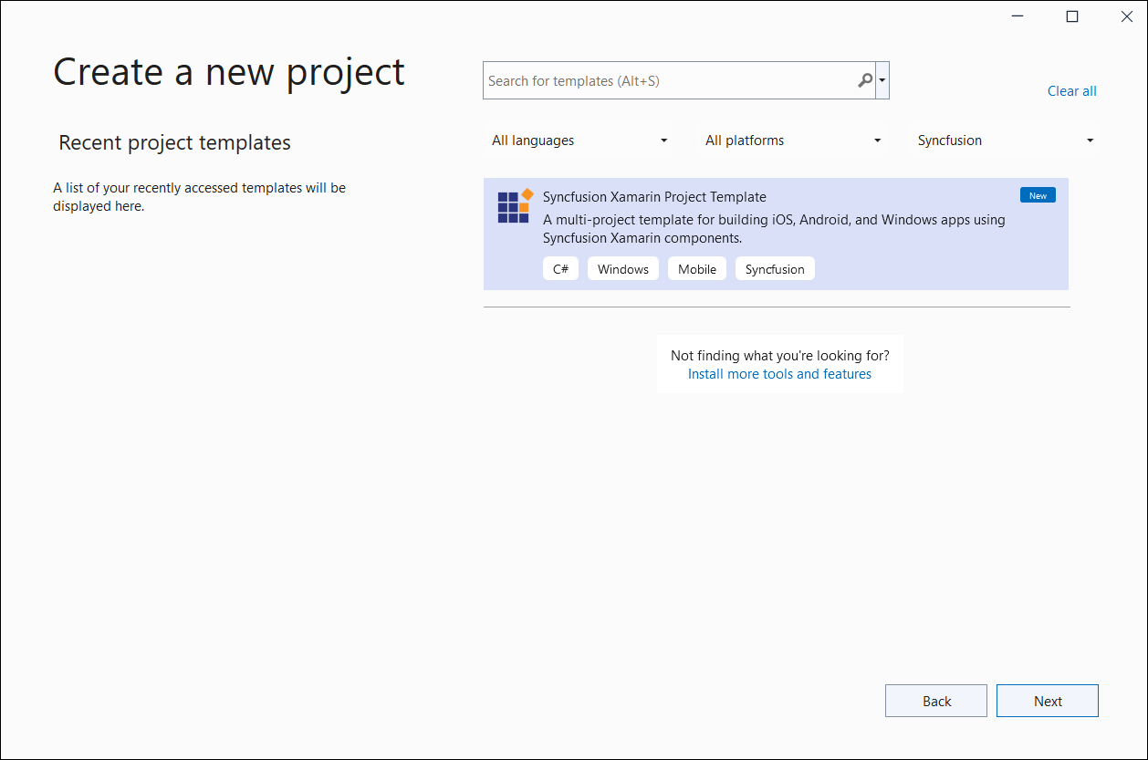 Choose Syncfusion Xamarin application from Visual Studio new project dialog