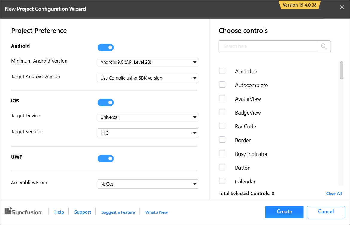 Syncfusion Xamarin project configuaration wizard