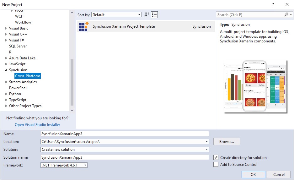 Choose Syncfusion Xamarin application from Visual Studio new project dialog