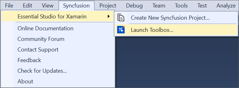 Syncfusion Xamarin Custom Toolbox via Syncfusion menu