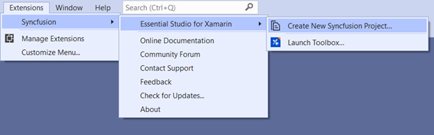 Choose Syncfusion Xamarin application from Visual Studio new project dialog via Syncfusion menu