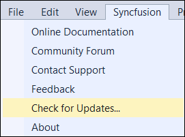 Syncfusion check for updates menu