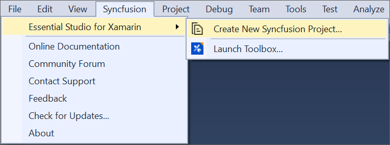 Choose Syncfusion Xamarin application from Visual Studio new project dialog via Syncfusion menu