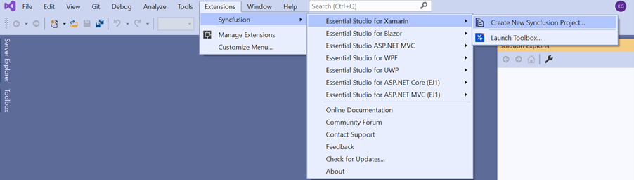 Choose Syncfusion Xamarin application from Visual Studio new project dialog via Syncfusion menu