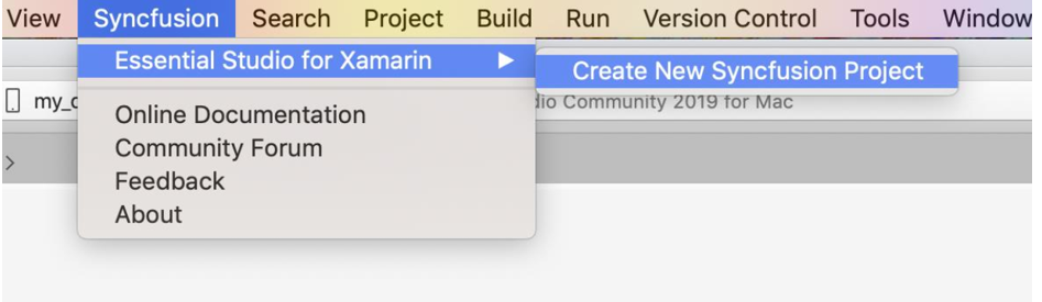 Syncfusion Menu in Visual Studio Mac